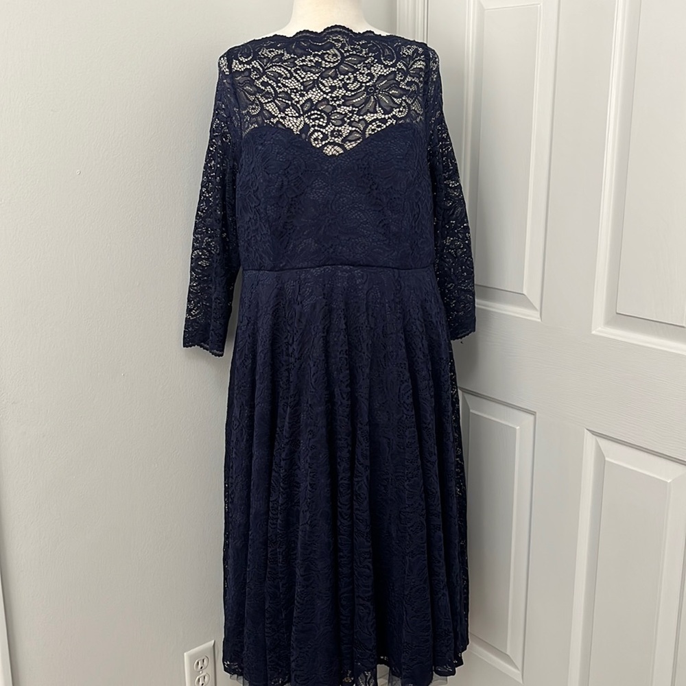Torrid navy blue midi evening dress sheer lace sweetheart neckline